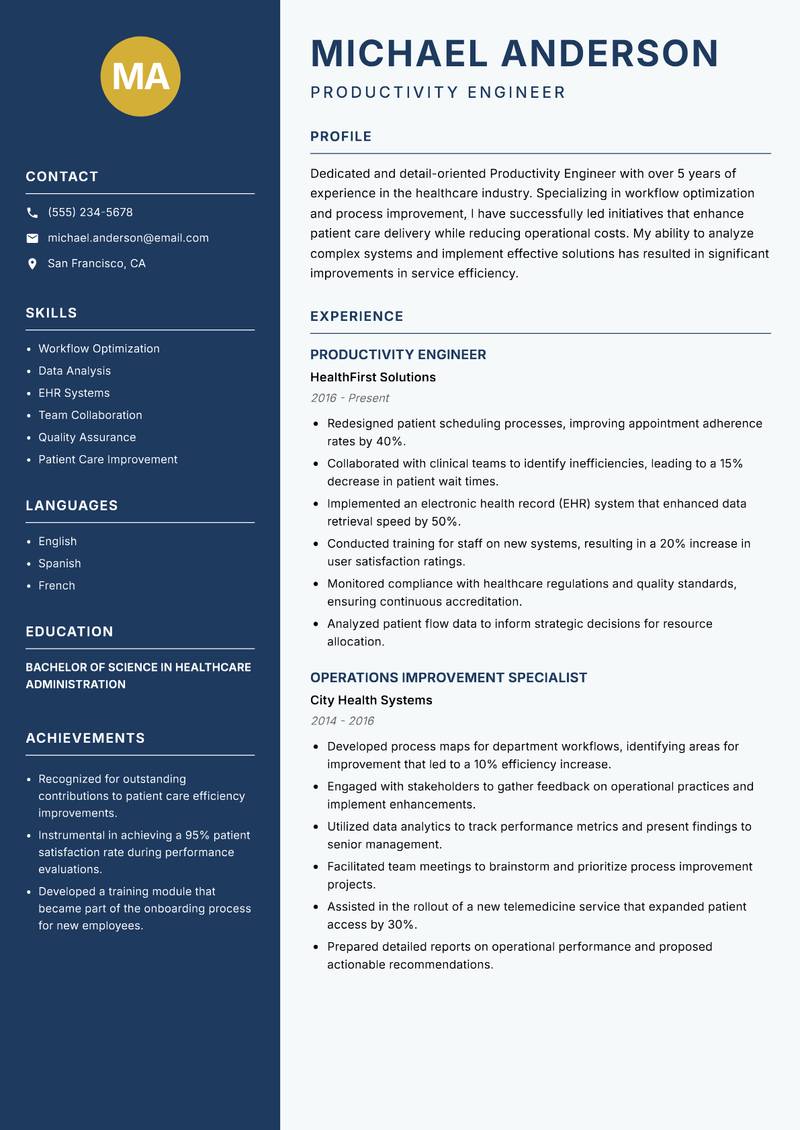 Productivity Engineer resume sample — Productivity Engineer focus