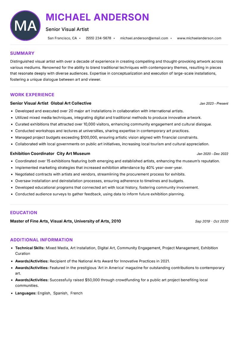 Professional Artist resume example