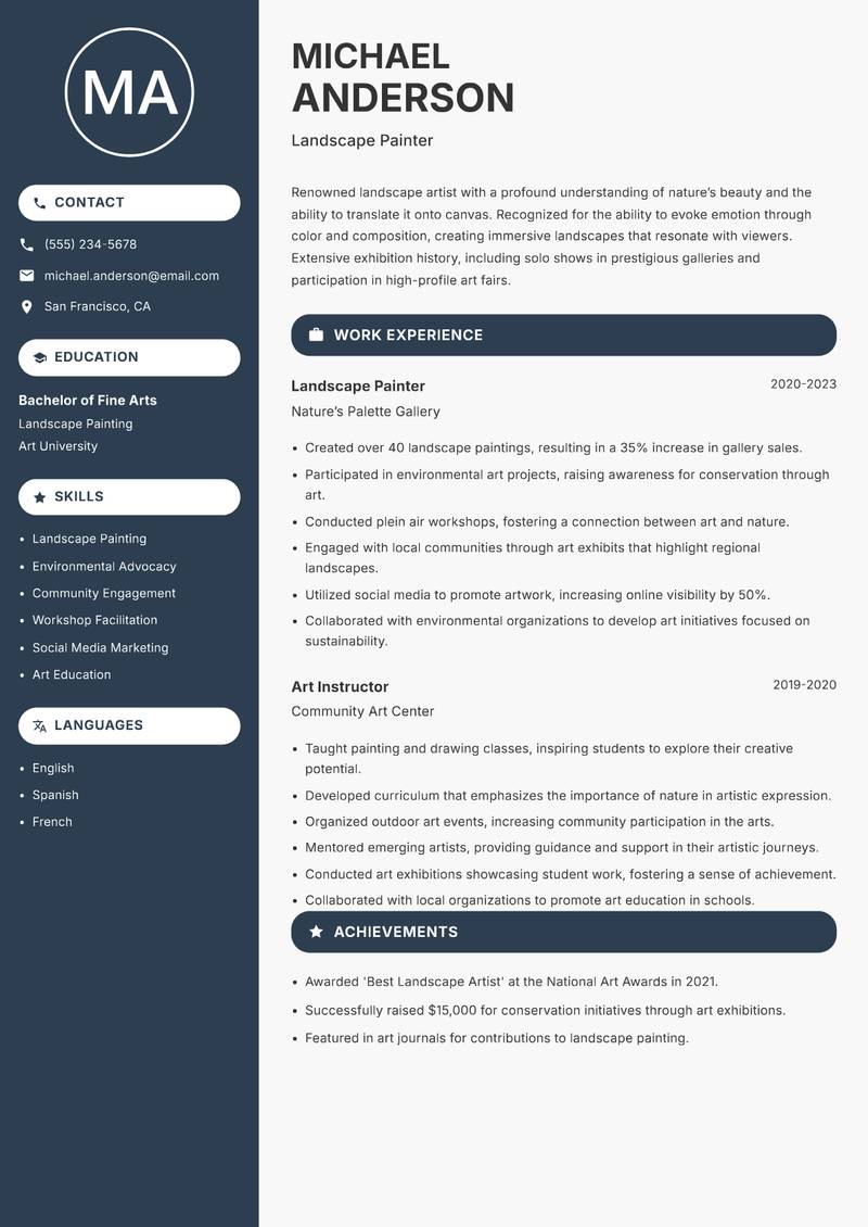 Professional Artist resume sample — Landscape Painter focus