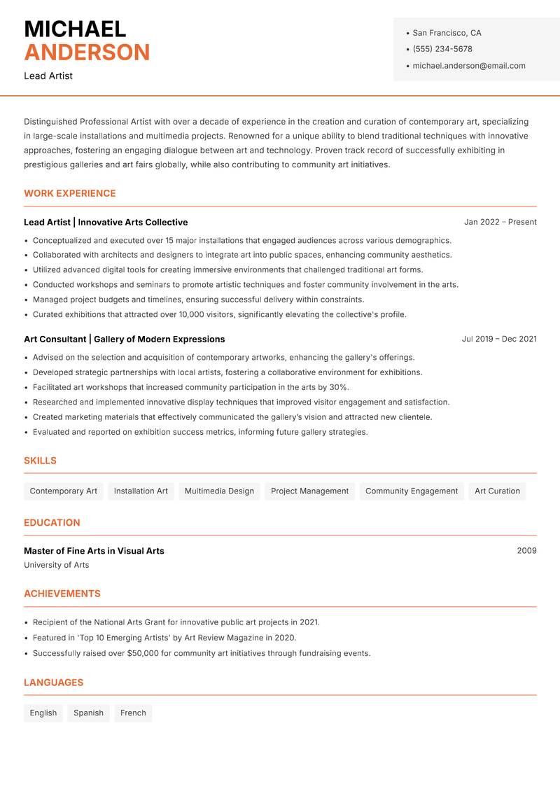 Professional Artist resume sample — Lead Artist focus