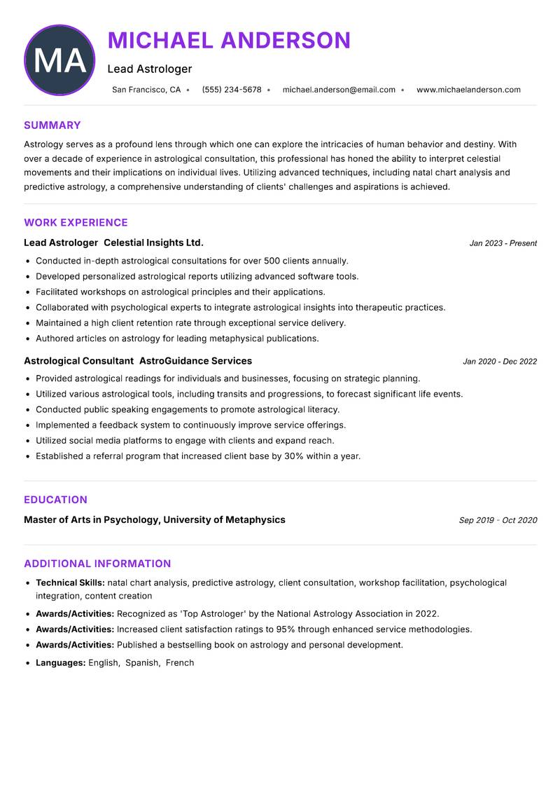Professional Astrologer resume example