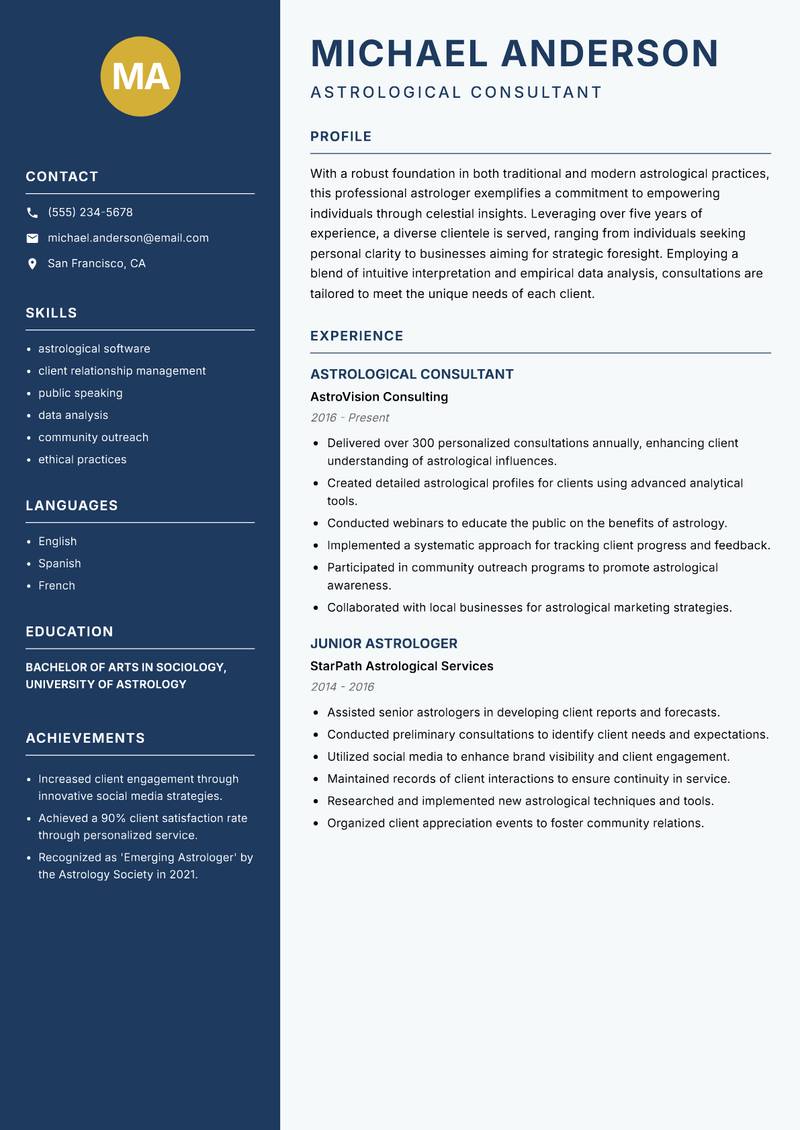 Professional Astrologer resume sample — Astrological Consultant focus
