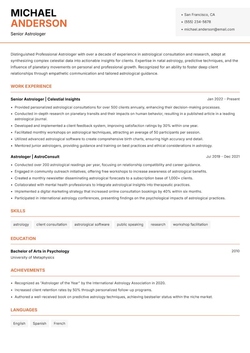 Professional Astrologer resume sample — Senior Astrologer focus