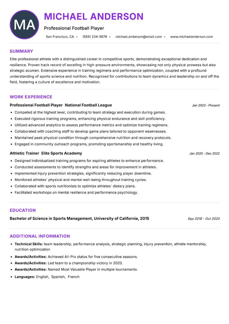 Professional Athlete resume example