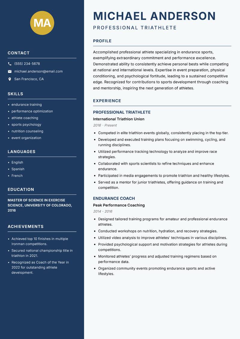 Professional Athlete resume sample — Professional Triathlete focus