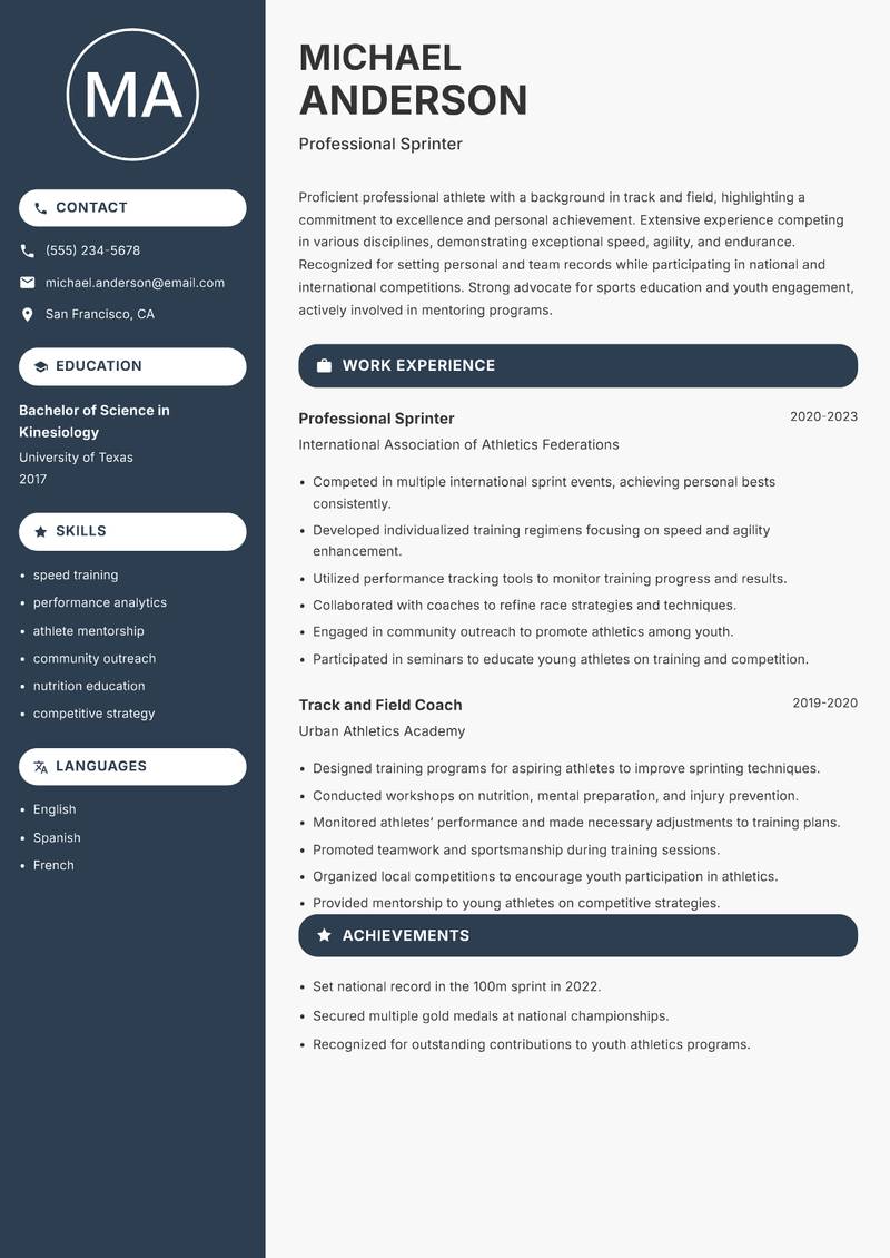 Professional Athlete resume sample — Professional Sprinter focus