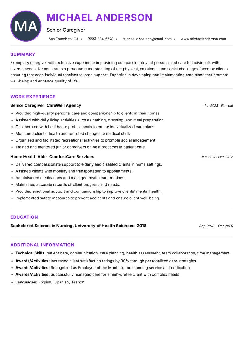 Professional Caregiver resume example