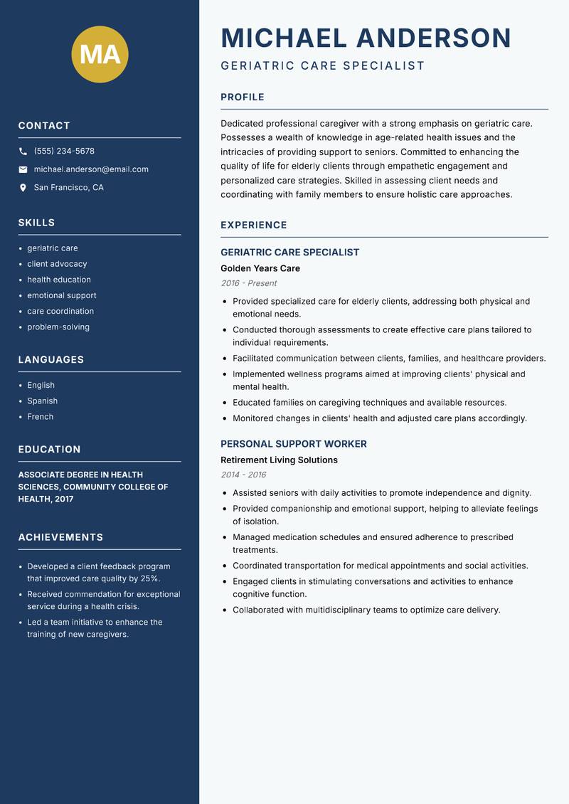 Professional Caregiver resume sample — Geriatric Care Specialist focus