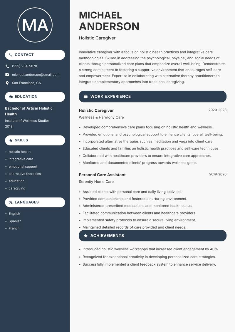 Professional Caregiver resume sample — Holistic Caregiver focus