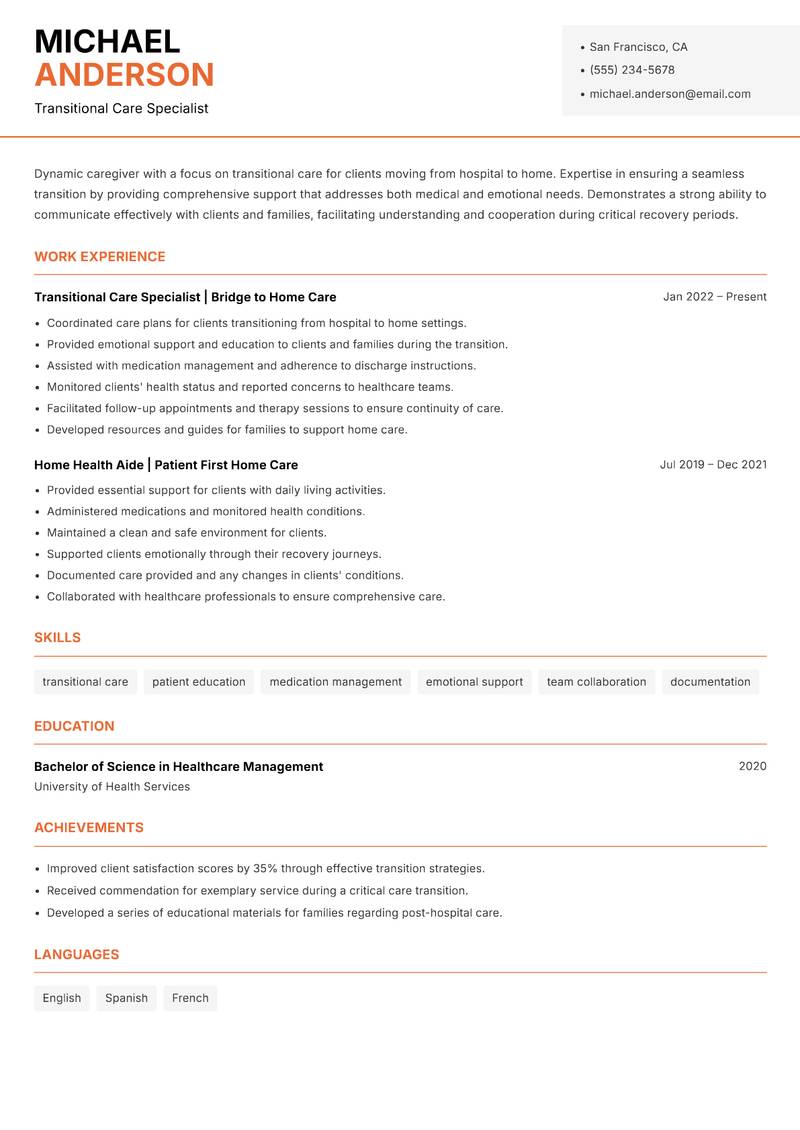Professional Caregiver resume sample — Transitional Care Specialist focus