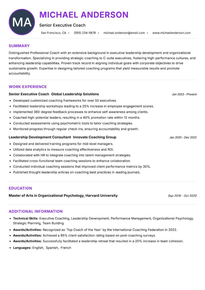 Professional Coach resume example