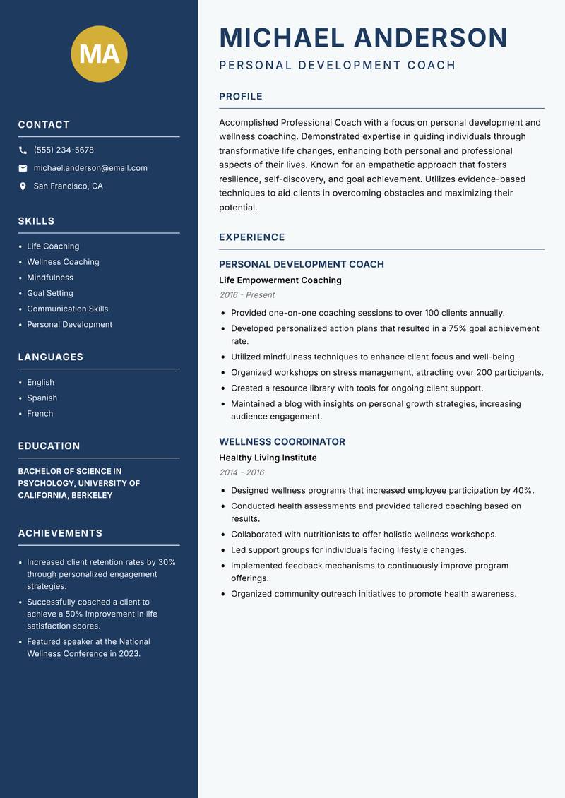 Professional Coach resume sample — Personal Development Coach focus