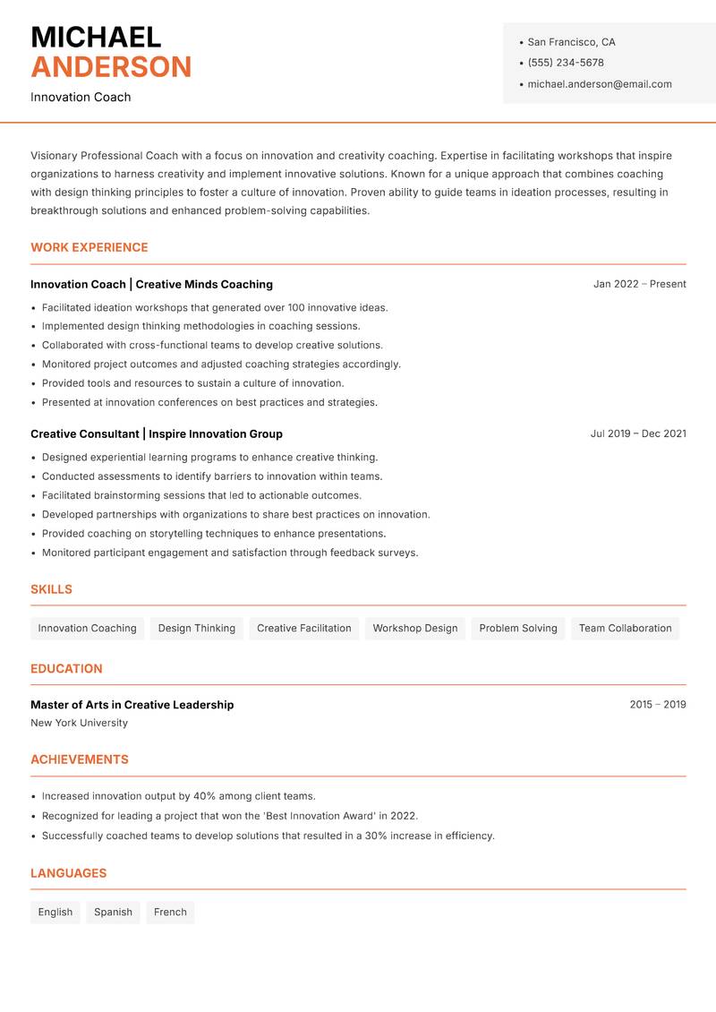 Professional Coach resume sample — Innovation Coach focus
