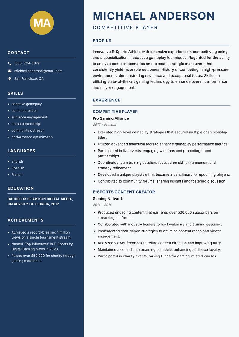 Professional E-Sports Player resume sample — Competitive Player focus