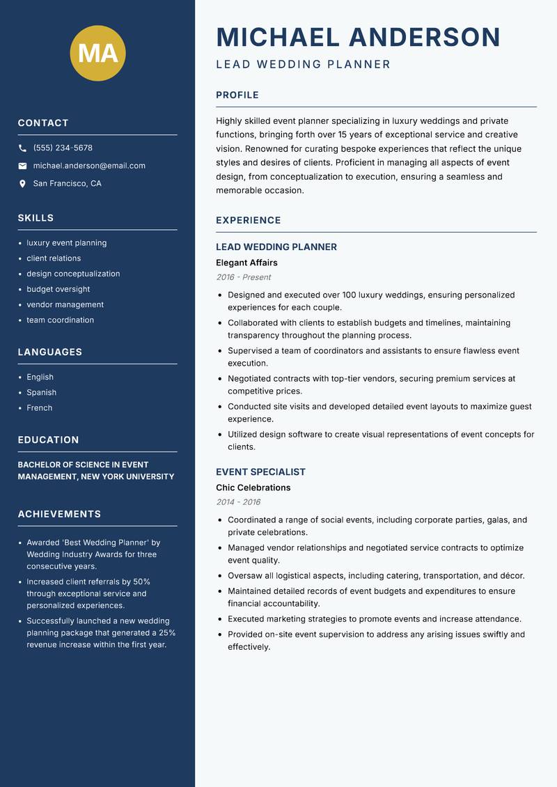 Professional Event Planner resume sample — Lead Wedding Planner focus