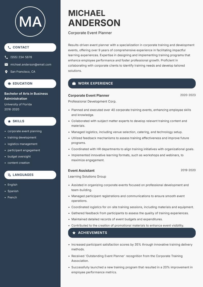 Professional Event Planner resume sample — Corporate Event Planner focus