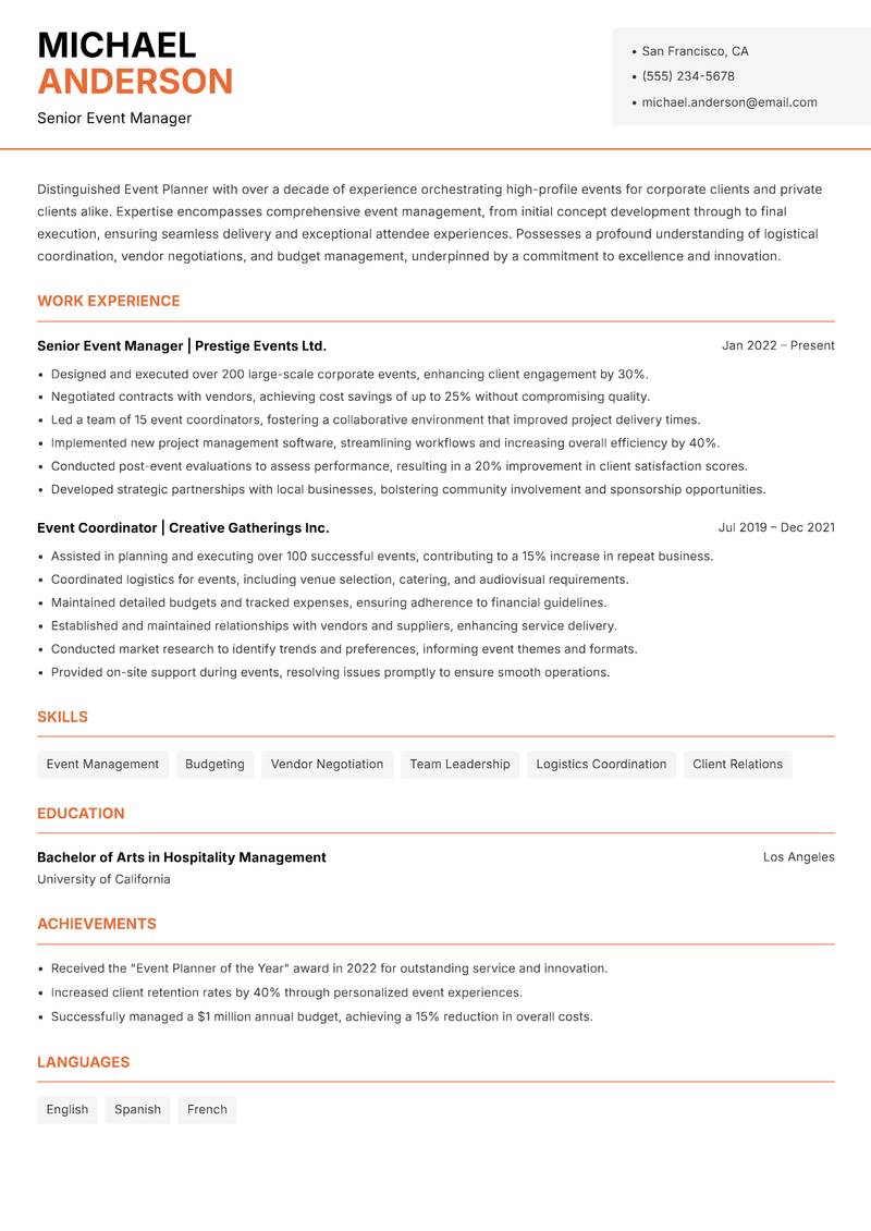 Professional Event Planner resume sample — Senior Event Manager focus