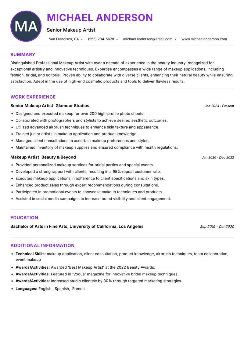 Professional Makeup Artist resume example