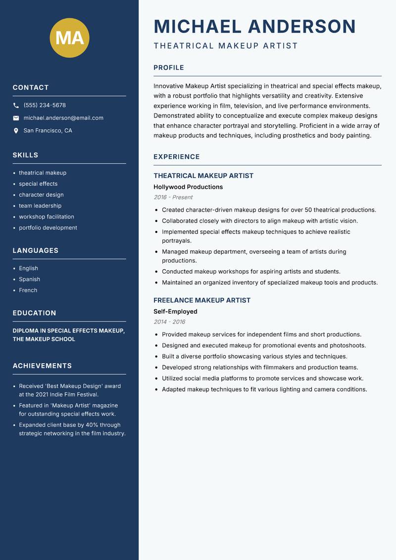 Professional Makeup Artist resume sample — Theatrical Makeup Artist focus