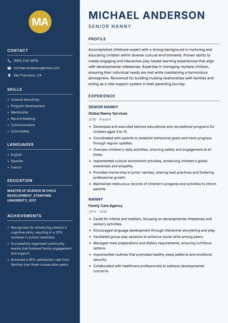 Professional Nanny resume sample — Senior Nanny focus