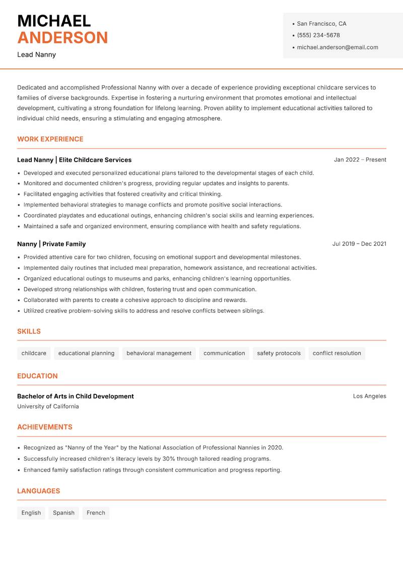 Professional Nanny resume sample — Lead Nanny focus