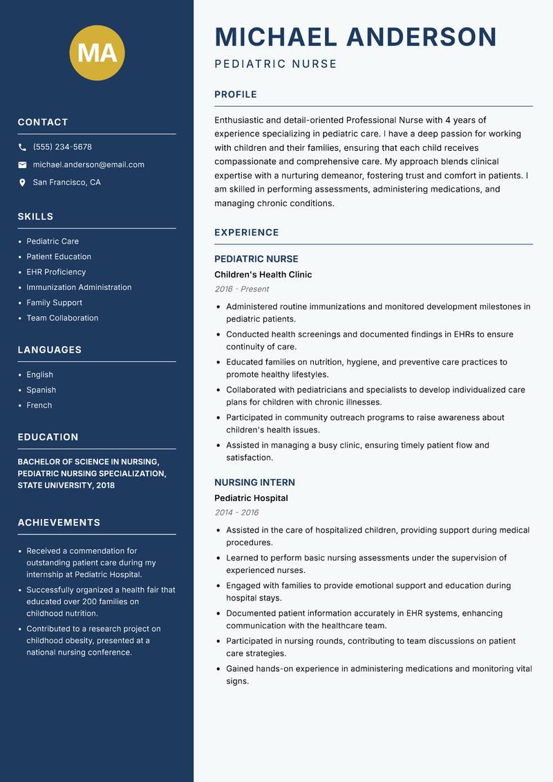 Professional Nurse resume sample — Pediatric Nurse focus
