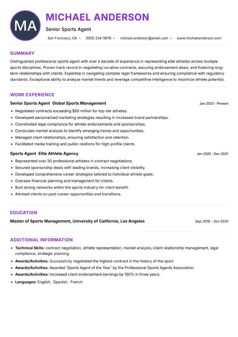 Professional Sports Agent resume example