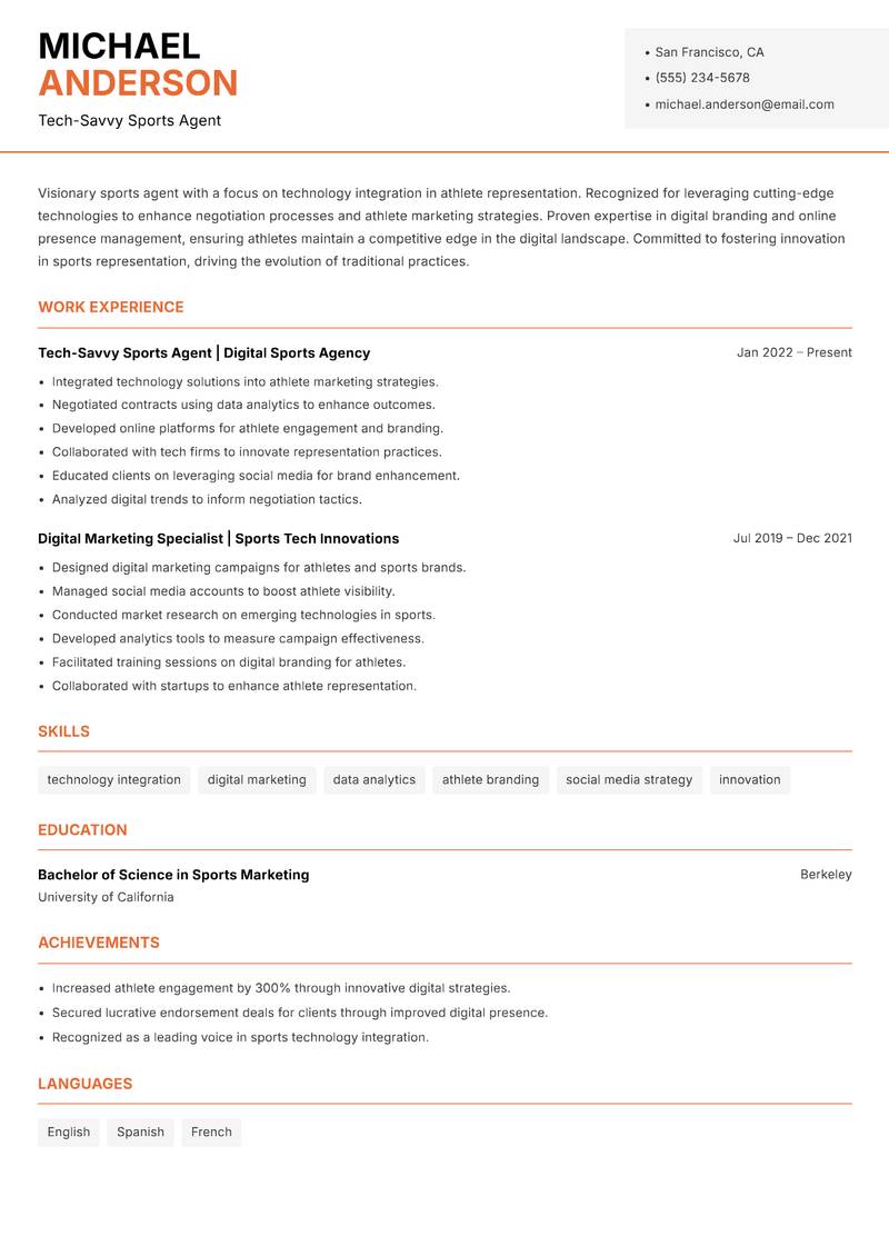 Professional Sports Agent resume sample — Tech-Savvy Sports Agent focus