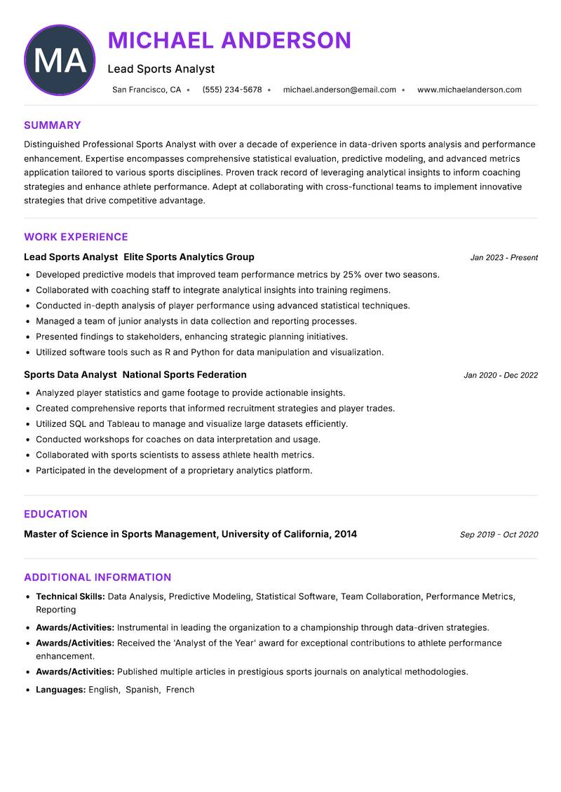 Professional Sports Analyst resume example
