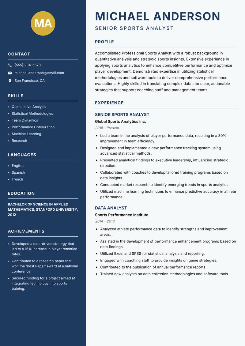 Professional Sports Analyst resume sample — Senior Sports Analyst focus