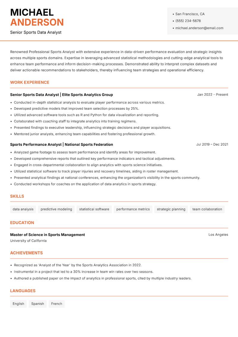 Professional Sports Analyst resume sample — Senior Sports Data Analyst focus