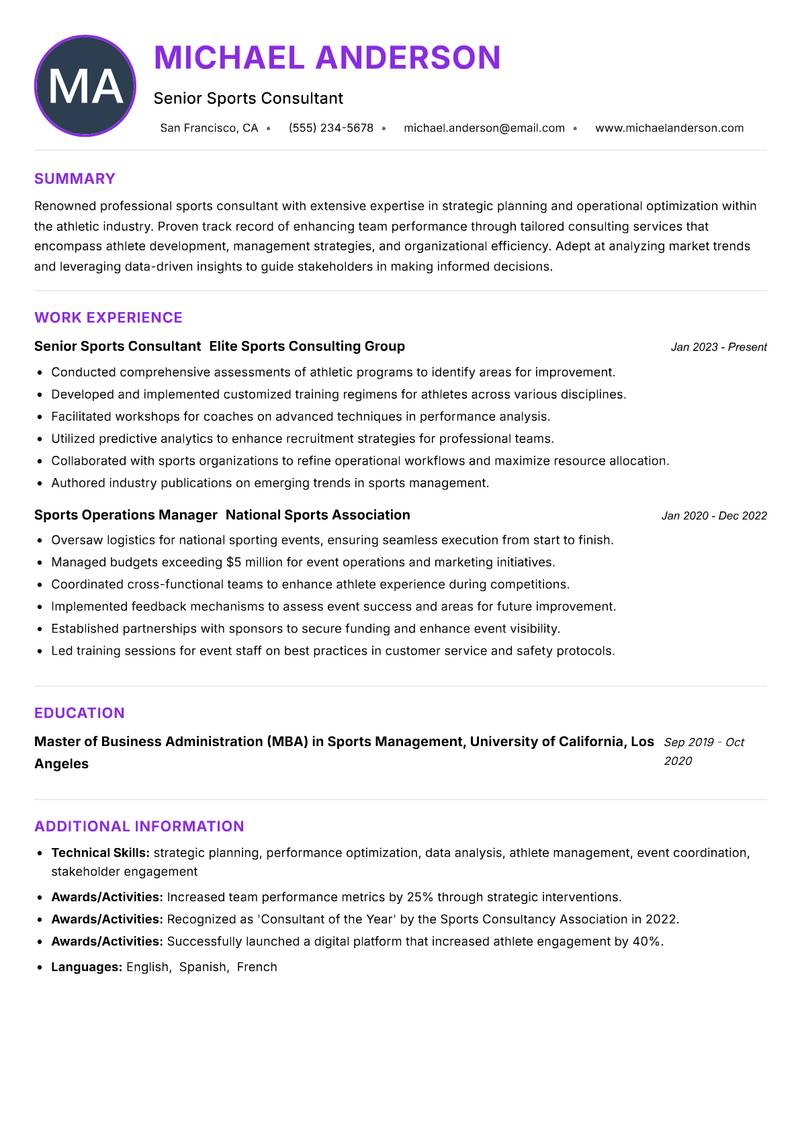 Professional Sports Consultant resume example
