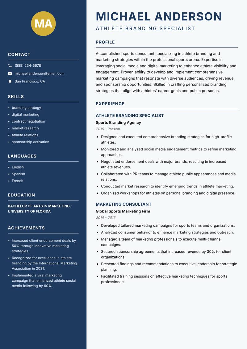 Professional Sports Consultant resume sample — Athlete Branding Specialist focus