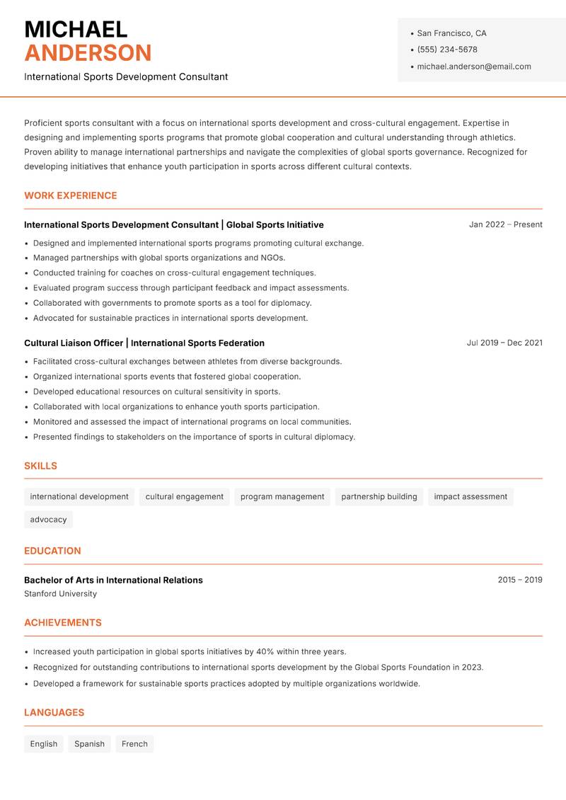 Professional Sports Consultant resume sample — International Sports Development Consultant focus