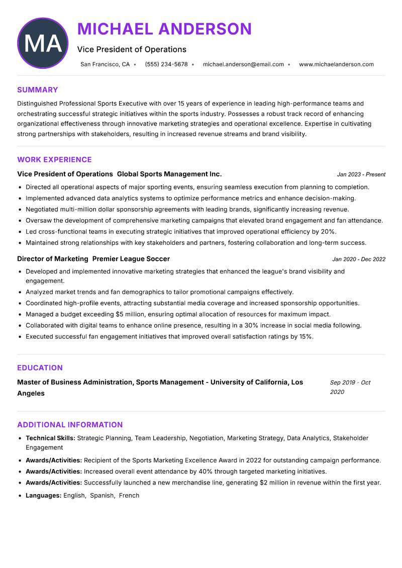 Professional Sports Executive resume example
