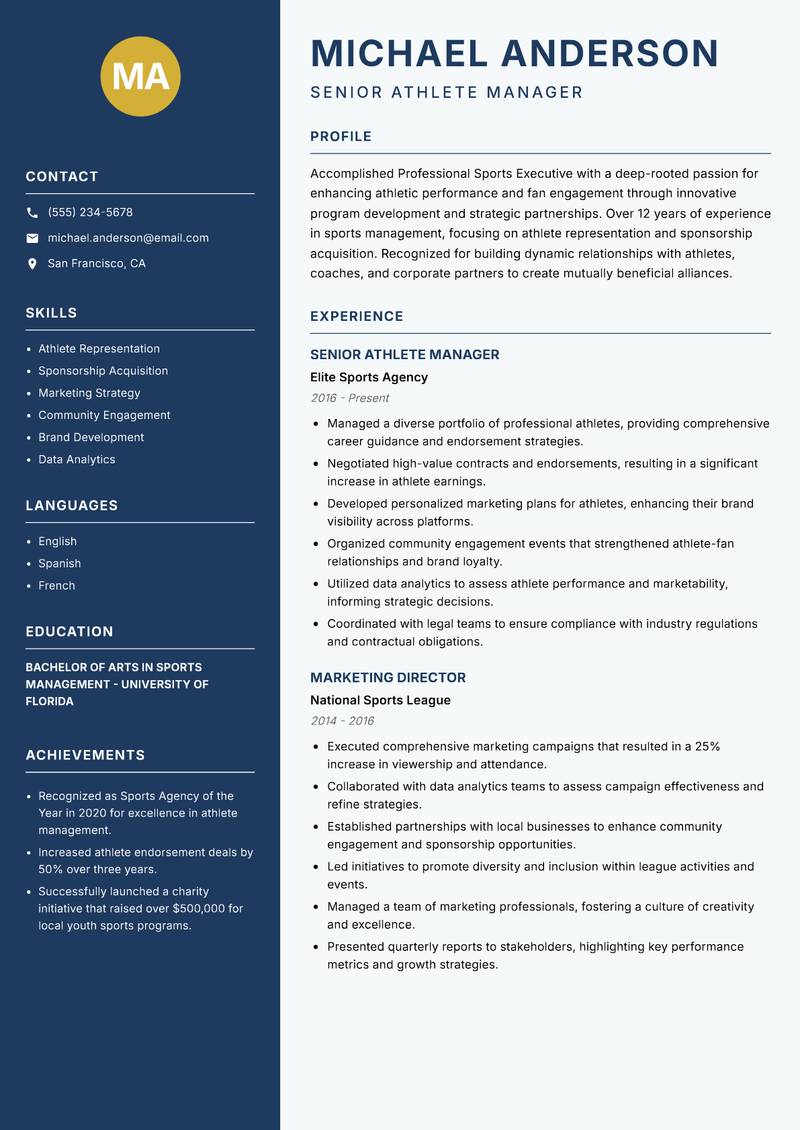 Professional Sports Executive resume sample — Senior Athlete Manager focus