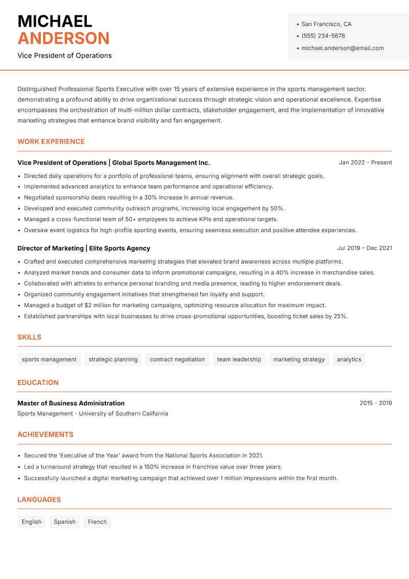Professional Sports Executive resume sample — Vice President of Operations focus