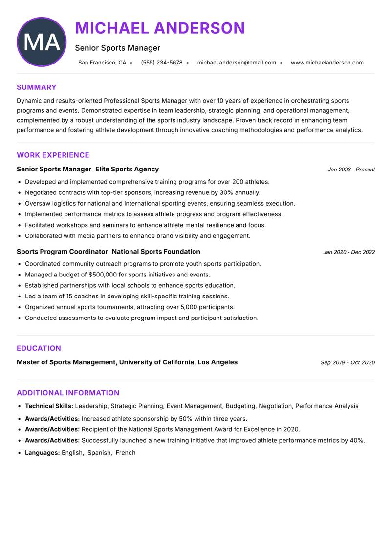 Professional Sports Manager resume example