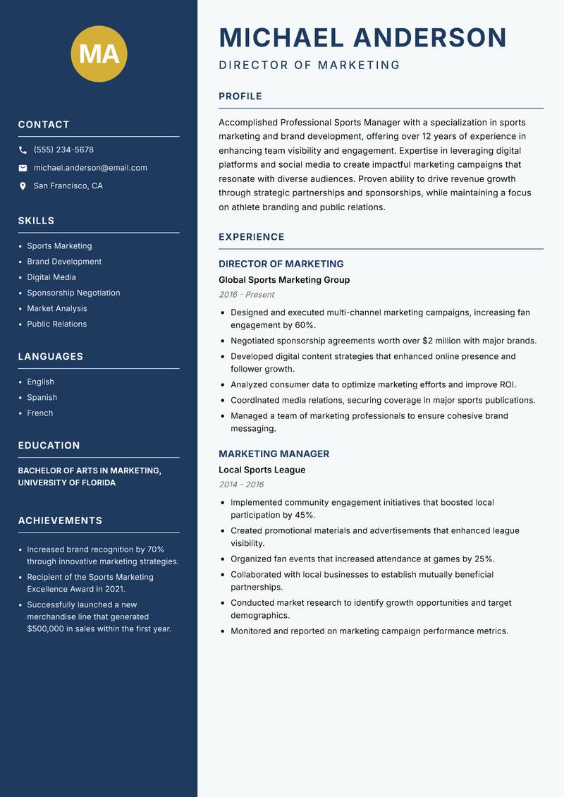 Professional Sports Manager resume sample — Director of Marketing focus