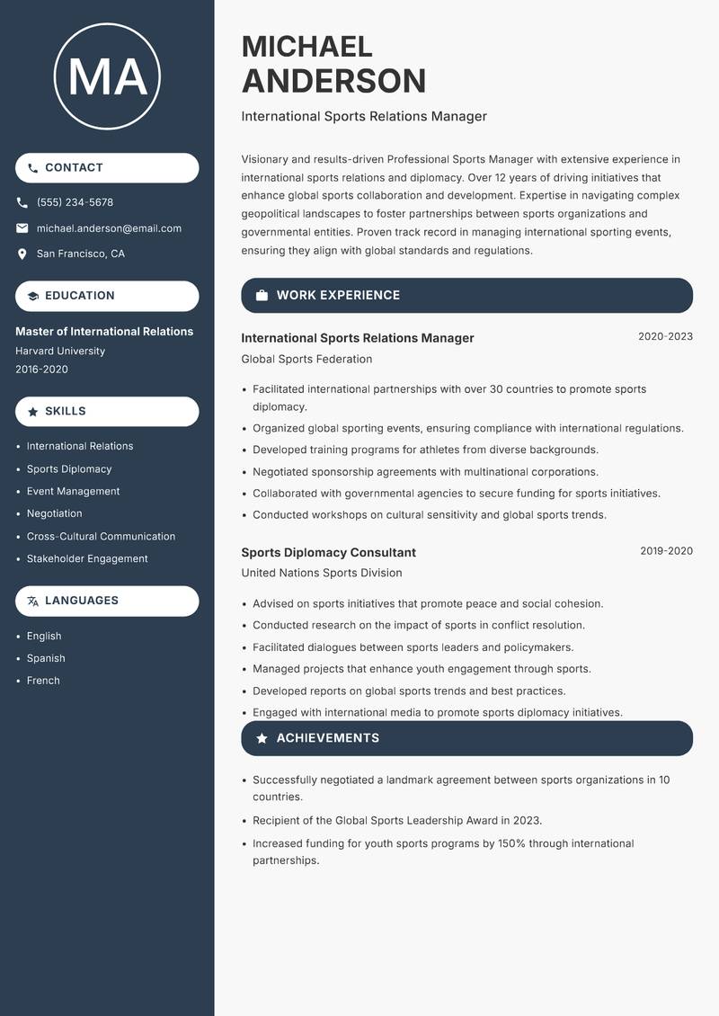 Professional Sports Manager resume sample — International Sports Relations Manager focus