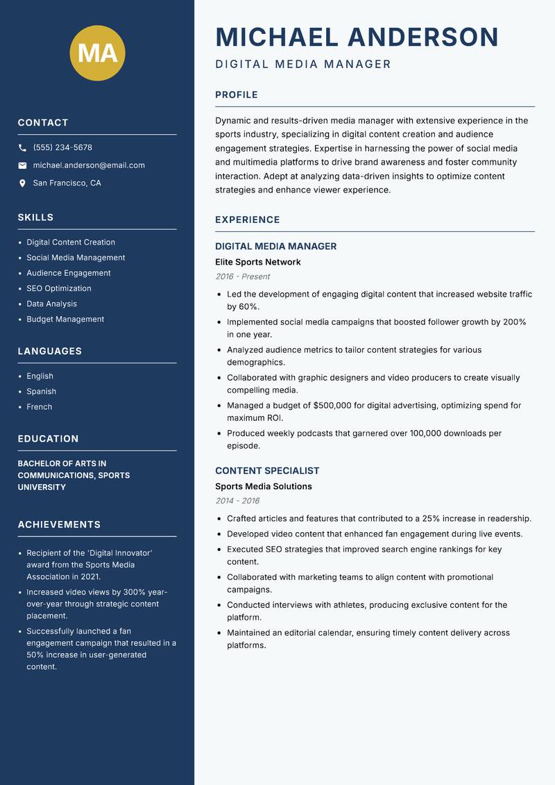 Professional Sports Media Manager resume sample — Digital Media Manager focus