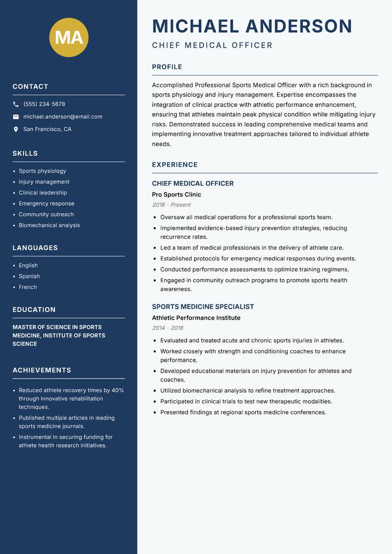Professional Sports Medical Officer resume sample — Chief Medical Officer focus