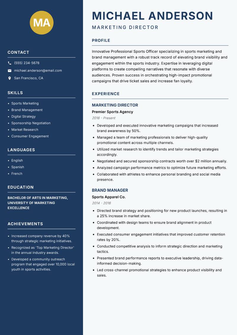 Professional Sports Officer resume sample — Marketing Director focus