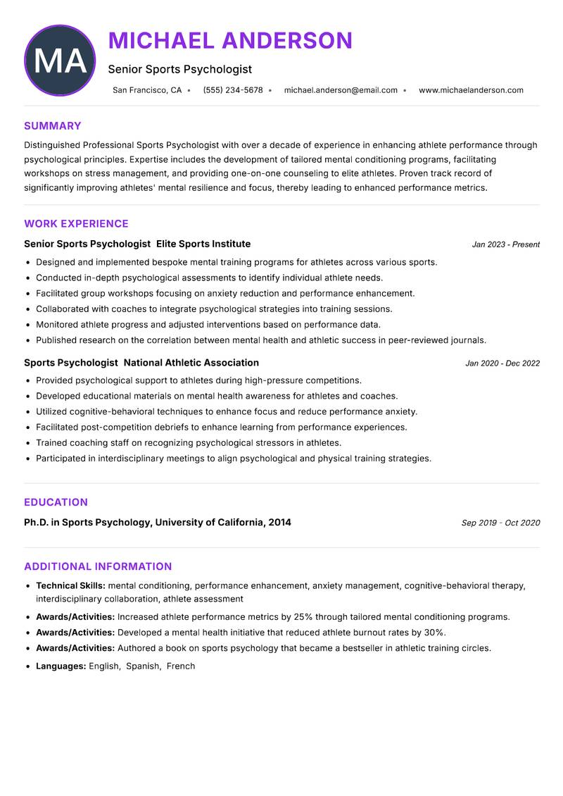 Professional Sports Psychologist resume example