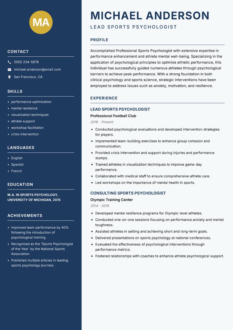 Professional Sports Psychologist resume sample — Lead Sports Psychologist focus