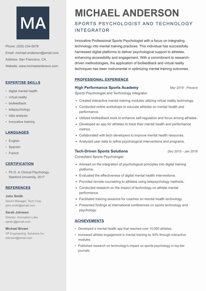 Professional Sports Psychologist resume sample — Sports Psychologist and Technology Integrator focus