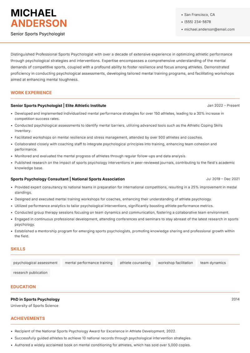 Professional Sports Psychologist resume sample — Senior Sports Psychologist focus
