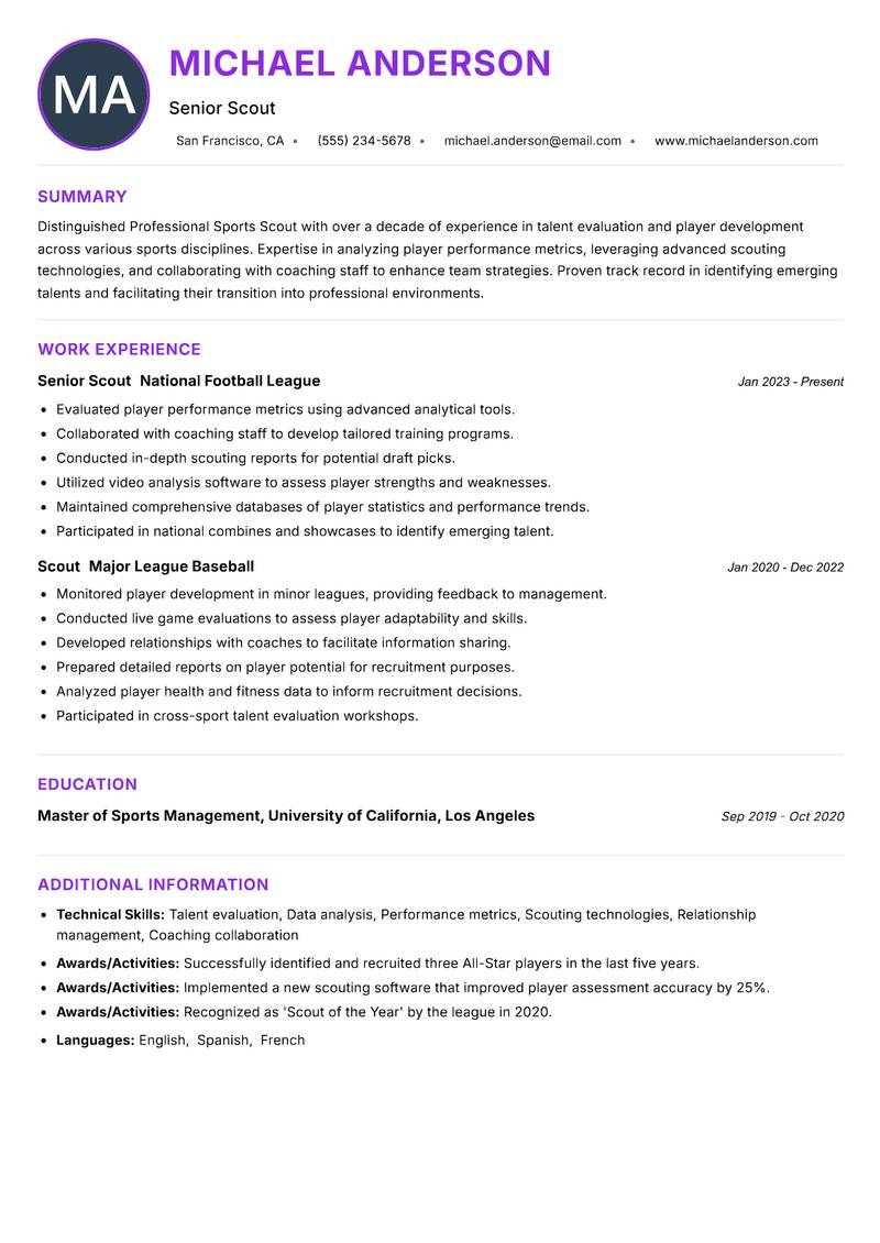 Professional Sports Scout resume example