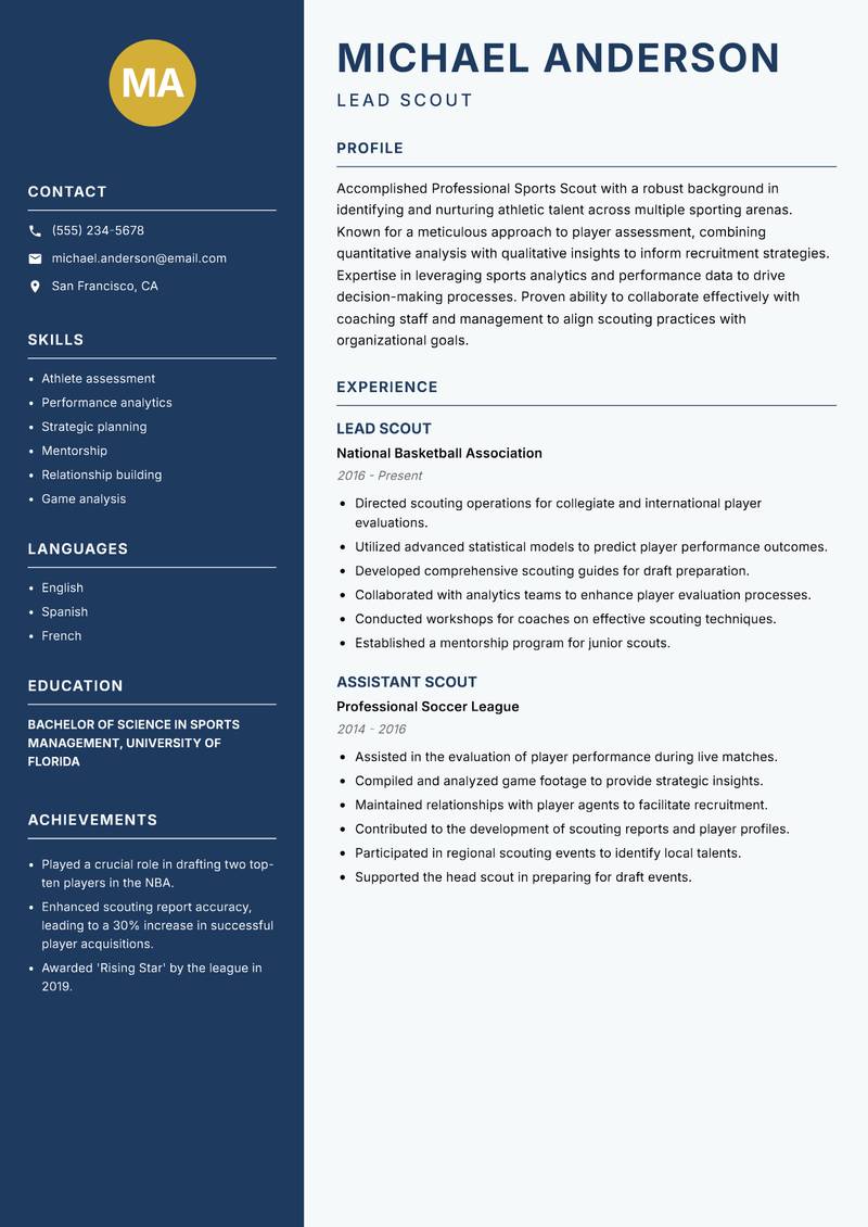 Professional Sports Scout resume sample — Lead Scout focus