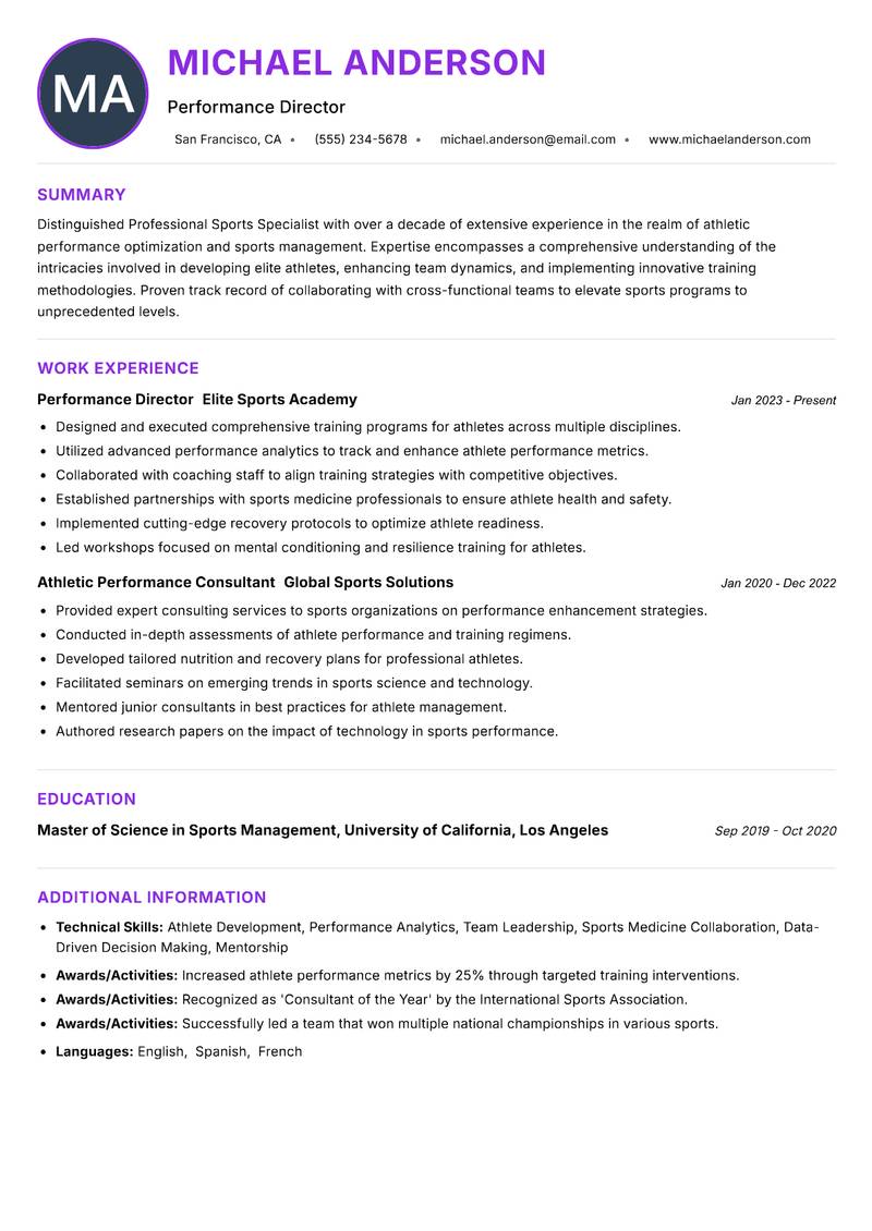 Professional Sports Specialist resume example